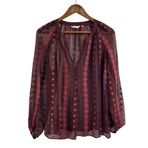 ZOA New York Blouse Peasant Top Semi Sheer Embroidered Silk XS